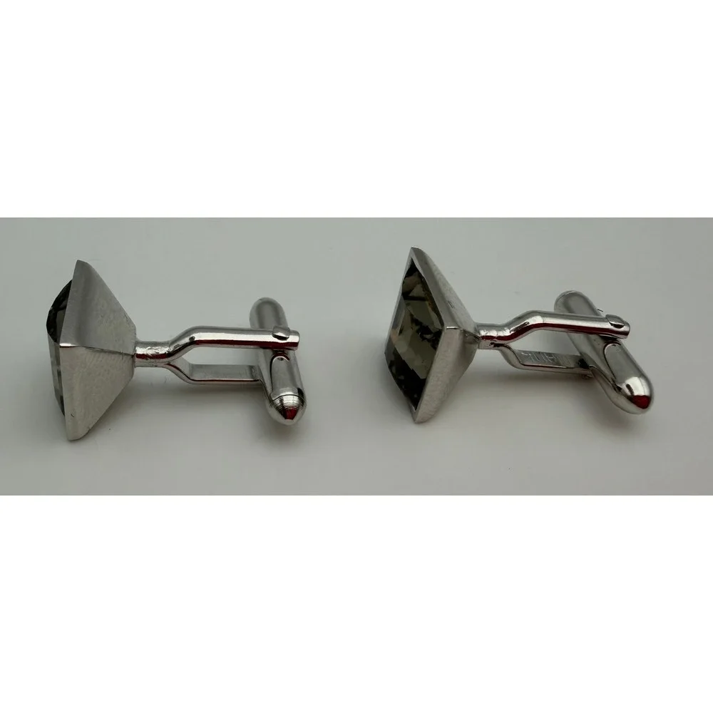 Swank Vintage Mens Smoky Grey Glass Silver Tone Rectangular Cufflinks Q008
